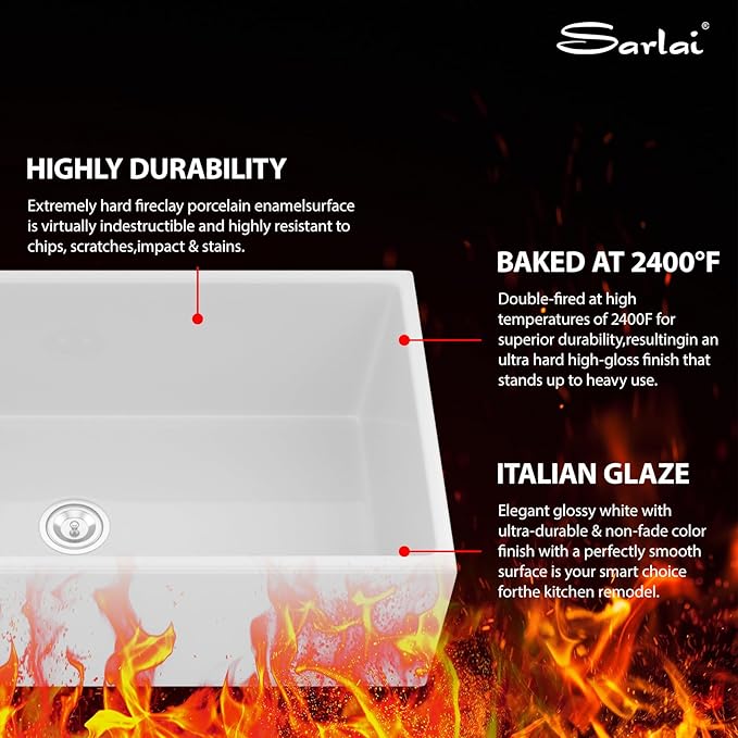 Sarlai 36 White Farmhouse Sink - 36 x 20 Inch Farm Kitchen Sink Apron Front Single Bowl Reversible Ceramic Porcelain Vitreous Fireclay Single Bowl Farmer Sinks Basin