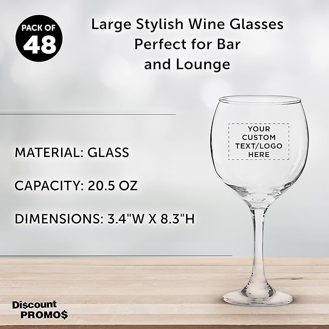 Custom Premiere Wedding Wine Glasses 20.5 oz Set of 48, Personalized Bulk Pack - Restaurant Glassware, Perfect for Red Wine or White Wine - Clear