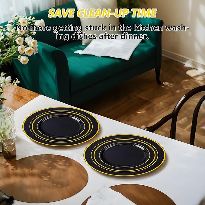 GATHER 700PCS Black Plastic Plates - Gold Disposable Plastic Dinnerware Set Include 200 6.3inch/9inch Black Plates, 300 Silverware, 100 Napkins, 100 Cups for Party & Wedding & Birthday