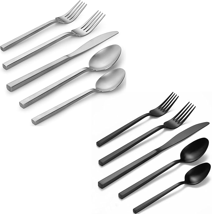 Alata Cube Matte Satin&Cube Black 20-Piece Forged Silverware Set Stainless Steel Flatware Set