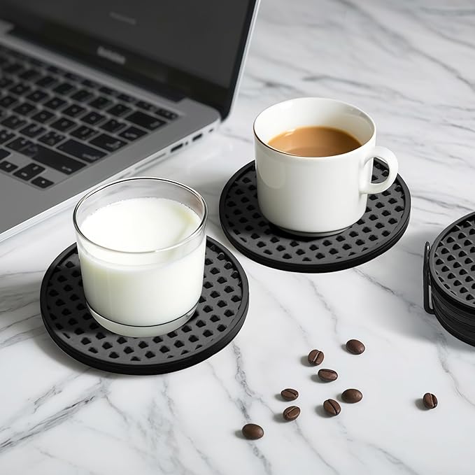 Coasters for Drinks, Silicone Coasters Set of 6 with ABS Holder, Outdoor Coaster for Coffee Table, Non-Slip Rubber Table Cup Mat Desk, Heat Resistant & Scratch-Proof (Black)