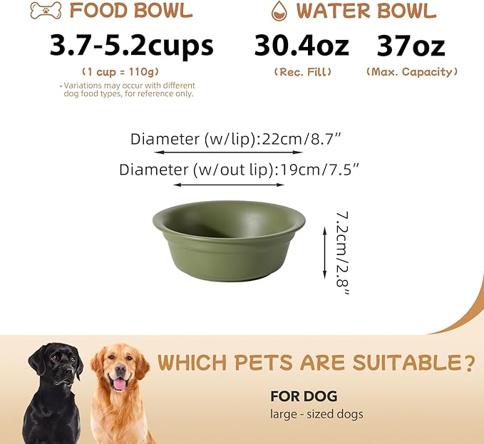 Ceramic 8.7inch Dog Bowl for Large Dogs, Basic 4 Cup Food or 37oz Water Bowl for Replacement, Wide Opening Rounded Edge(Single Bowls, Olive Green)