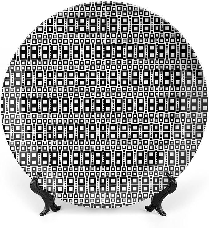 Ceramic Display Plate, Abstract Ceramic Hanging Decorative Plate, Monochrome Squares of Motif Grid Design Geometric, 10 Inch, Living Room Kitchen Decoration Household, Black White