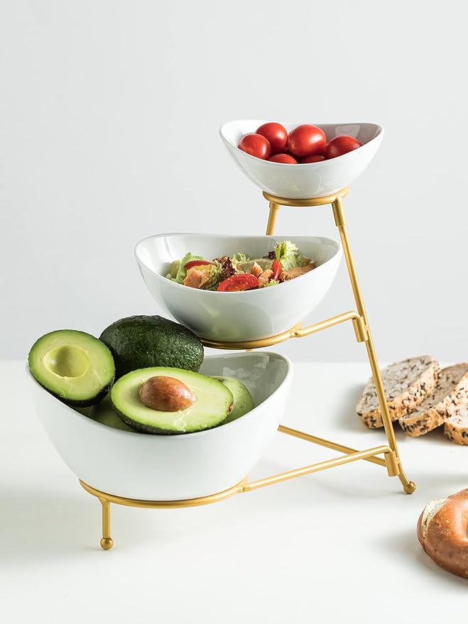 3 Tier Serving Bowls with Stand, Chips and Dip Serving Dishes Set for Entertaining Party, Ceramic Fruit Bowl for Salad Soup Snacks, Microwave & Dishwasher Safe
