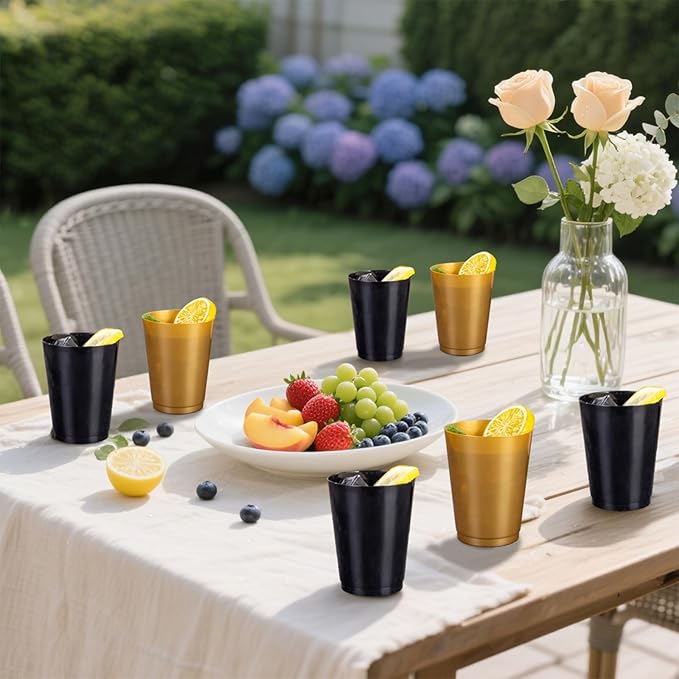 DaYammi 100 Pack Plastic Cups for Party- Disposable Gold Cups and Black Cup Include: 50 Black Plastic Cup, Gold Disposable cup for Party Supplies Festive Celebrations Wine Beer Beverage