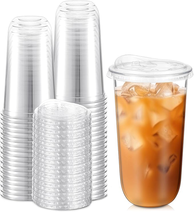 25 Sets 20 oz Clear Plastic Cups with Strawless Sip Lids, Thickened Clear Disposable Plastic Pet Crystal Cups for Iced Coffee, Smoothie, Cold Beverage, Drink Shops and Party Catering