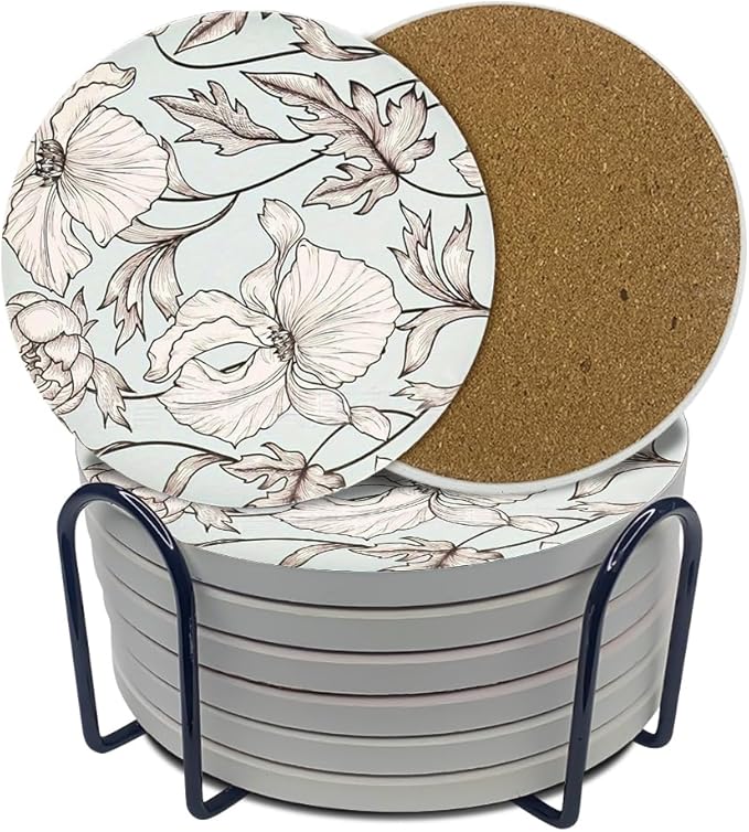 Ceramic Coasters Set of 6, Marble-Textured Design with Holder - Absorbent Cork-Backed Coasters for Cups, Bar & Coffee Table Decor Accessories (Flower-Leaves, 6 Pack)