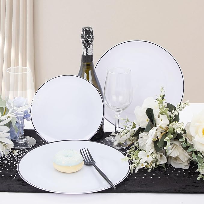 EI 180pcs White Plastic Dinnerware Set Include Black Disposable Silverware,Dinner and Dessert Plates,Cups,White Plastic Plates with Black Rim Perfect for Wedding,Birthday,Partys,Business Events,Hotel