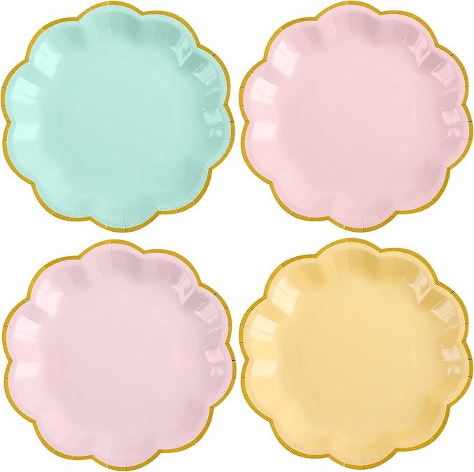 48 Pcs Pastel Scalloped Paper Plates 7 Inch Disposable Macaron Colorful Dessert Plates with Gold Edge Gradient Rainbow Party Supplies for Wedding Birthday Baby Shower Bridal Summer Decorations