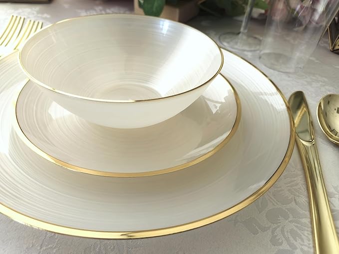 " OCCASIONS " 120 Plates Pack,(60 Guests) Premium Wedding Party Disposable Plastic Plates Set -60 x 10'' Dinner + 60 x 7'' Salad/Dessert (Belize in Ivory & Gold)