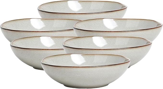Organic Shape Highland Ceramic Soup/pasta Bowl, 6pcs Reactive Glaze 8inch Bowls with Wavy Edge, for Kitchen, Microwave & Dishwasher Safe, Scratch Resistant-grey