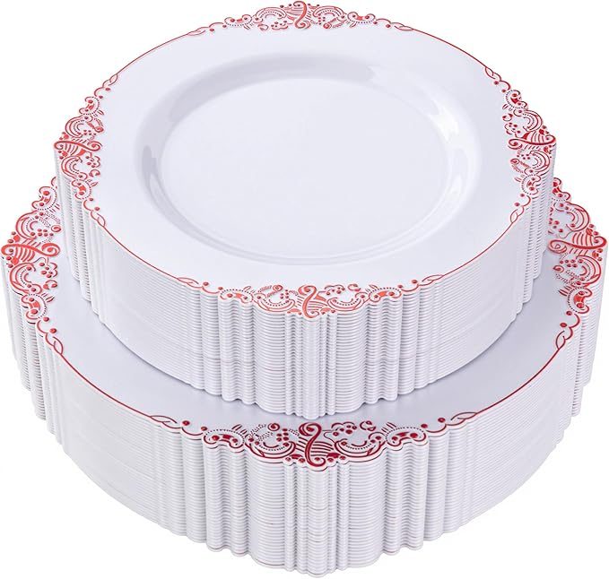 Nervure 100Pcs White and Red Plastic Plates - Heavyweight Red Disposable Plates - Plastic Plate Include 50Pcs 10.25inch Dinner Plate & 50Pcs 7.5inch Dessert Plate for Wedding & Party