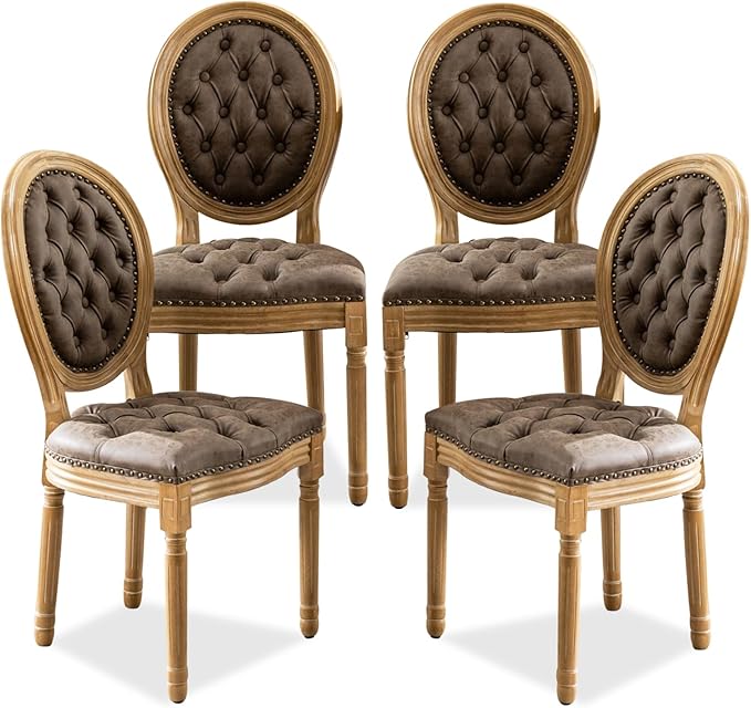 SoarFlash French Dining Chairs Set of 4, Vantage Dining Chair with Round Back, Farmhouse Country PU Leather Dining Chair for Kitchen,Bedroom,Brown