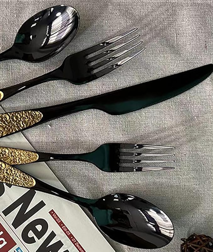 TWEE Black Gold Silverware Set for 4 Unique 18/10 Stainless Steel 20 Flatware Set Beautifully Embossed Floral Pattern Mirror Polished Kitchen Utensils Set for Home Restaurant Tableware