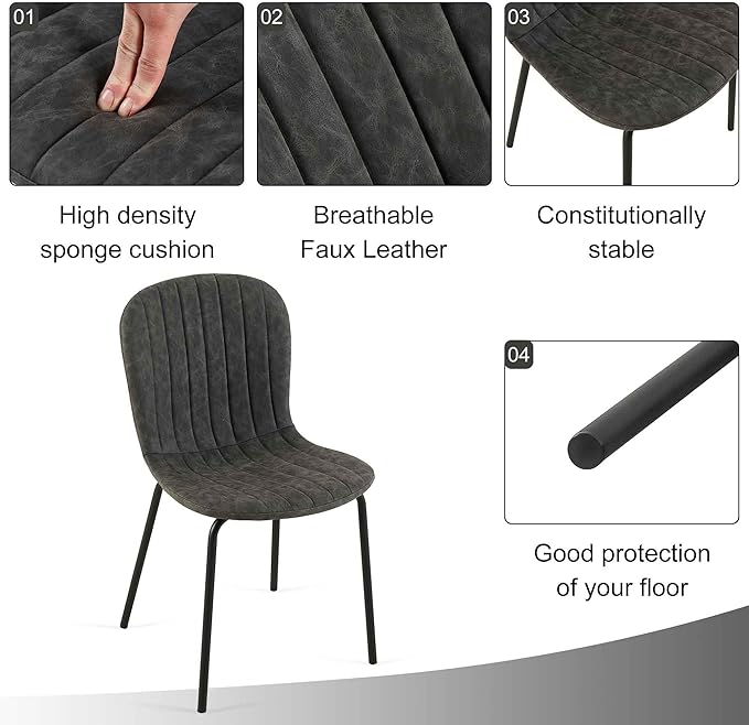 Round Dining Table Set for 4 with PU Leather Chairs - Modern Kitchen Table and Chairs Set for Small Spaces - Dark Grey
