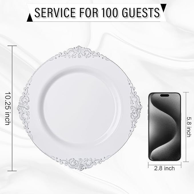 Nervure 100PCS White and Silver Plastic Plates - 10.25Inch Silver Disposable Plates - Heavyweight Dinner Plates for Wedding & Party