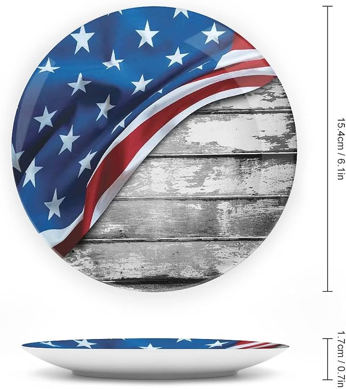 Decorative Plates, American Flag Decor Print Ornament, Flag Over Antique Rustic Rippled Board, 7 Inch, 1 Plate with 1 Display Stand, Grey Navy