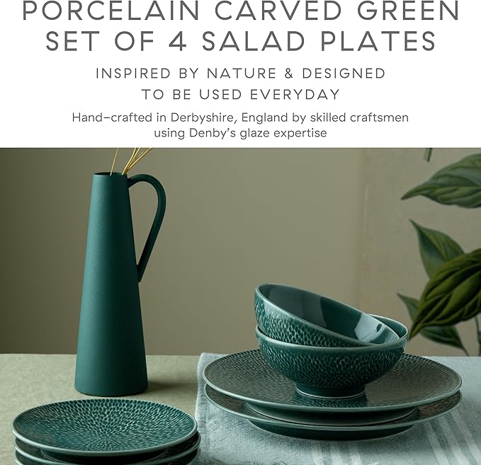 Denby - Carved Green Medium Plates Set of 4-9 Inch - Dishwasher Microwave Oven Safe - Uniquely Textured Porcelain Medium Plate - Scratch Chip Resistant