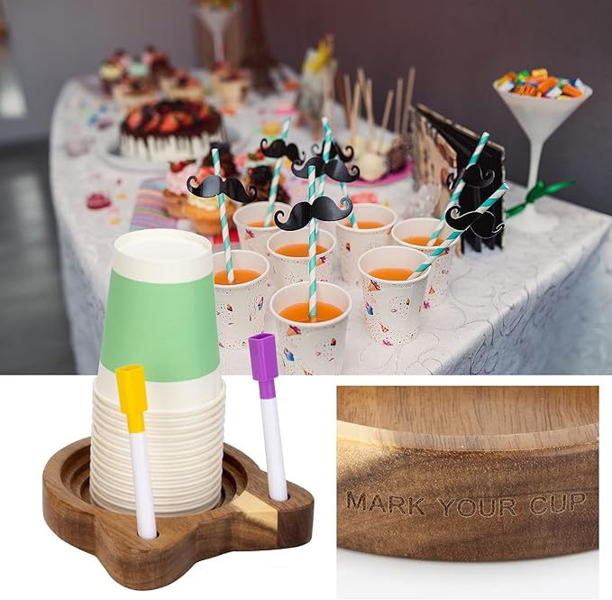 Cat Face Party Cup Holder, Scratch Resistant Drink Organizer with Marker Slots for Birthdays, Holiday Gatherings, Wooden Cup Stand Fits Variety of Disposable Cup Sizes for Kitchen Countertop