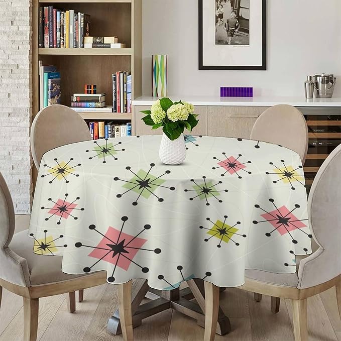 Retro Mid Century Round Tablecloth, Vintage Modern Colorful Abstract Geometric Art Bohemian Tablecloth for Home Party Dining Room Kitchen Decor 36Inch(90cm)