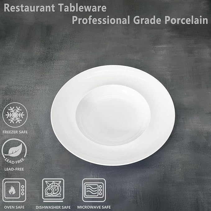 Pasta Plates with Rim 6.8 oz, Soup Bowl Pasta Bowl Set of 4, White Shallow Bowl Plate, Ceramic Wide Rimmed Soup Bowl, Best choice for high-end restaurants, hotels, and foodies, 9.2 Inch