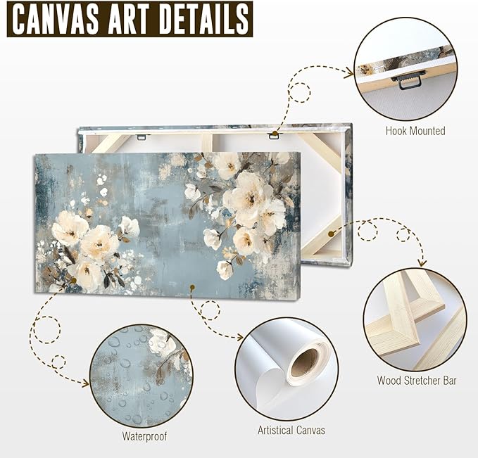 ADJUVANT Wall Art Vintage Floral 40" L x 20" W, Creamy Flowers On Distressed Blue Background Canvas Painting Blossoms Artwork Prints Floral Wall Decor for Living Room Bedroom Dining Room Home Office
