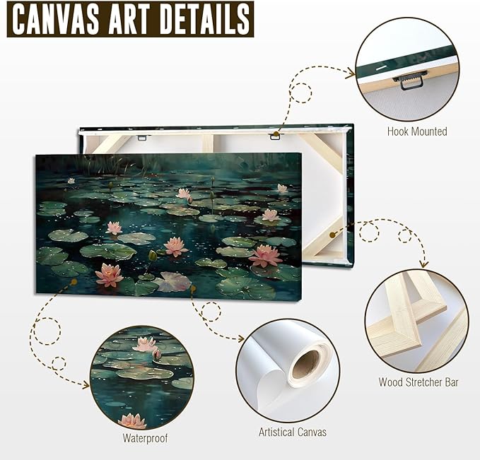 ADJUVANT Wall Art Impressionist Water Lily Pond 40" L x 20" W, Pink Lotus Flowers on Dark Blue Water Canvas Painting Nature Artwork Prints Wall Decor for Living Room Bedroom Bathroom Home Office