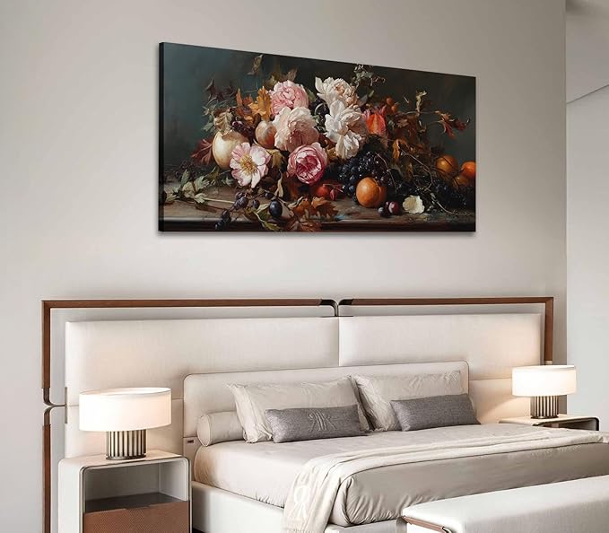 ADJUVANT Wall Art Vintage Floral And Fruit 40" L x 20" W, Peonies With Grapes And Citrus Canvas Painting Prints Graceful Botanic And Fruity Wall Decor for Living Room Bedroom Dining Room Home Office