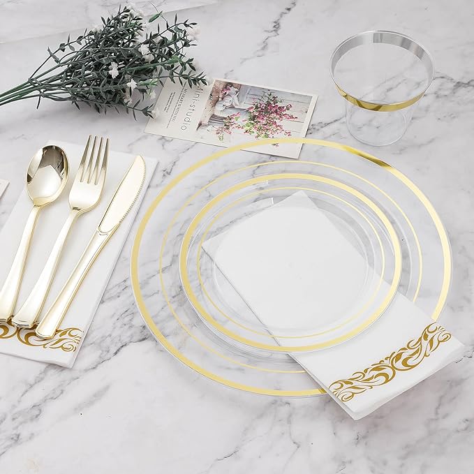 BESTVIP 50PCS 7" Clear Gold Plastic Plates, Disposable Salad Dessert Plate with Gold Rim for Christmas, Thanksgiving, Heavy Duty Disposable Plastic Plates for Party, Wedding and Birthday, Events