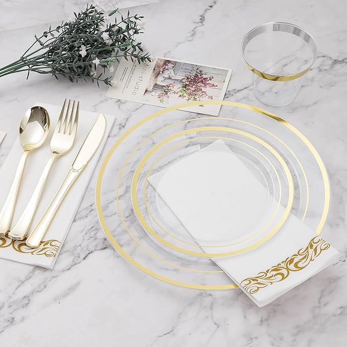 BESTVIP 175PCS Clear Gold Disposable Dinnerware Set for 25 Guests, Plastic Plates for Party, Wedding, Christmas, Include: 50Plastic Plates, 25 Gold Silverware, 25 Cups, 25 Napkins