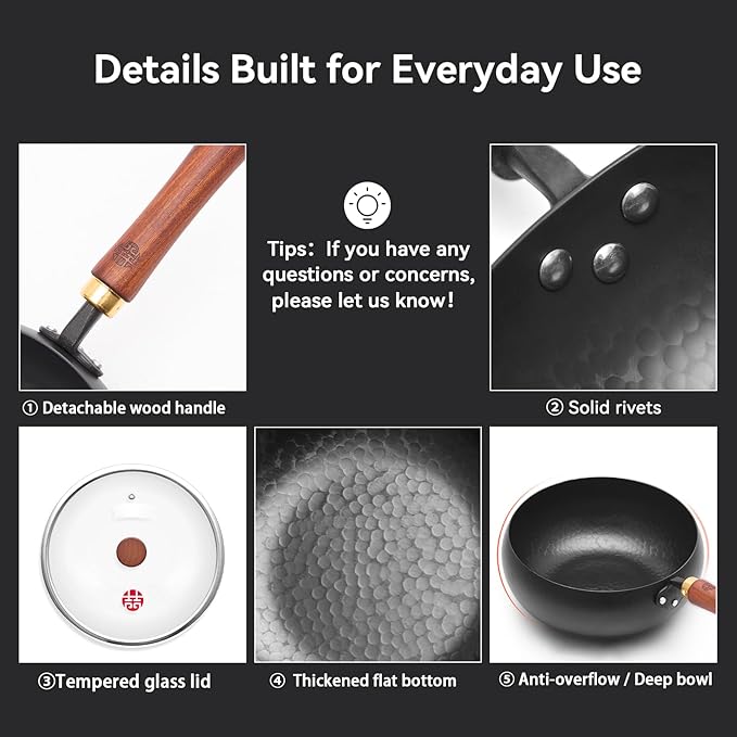WANGYUANJI 9.5" Carbon Steel Wok - [Heavy-Duty & Thickened Base] - Deep Bowl Stir Fry Pan for Induction, Electric & Gas - Warp-Resistant, Splatter-Free Design with Lid (1-2 Person)