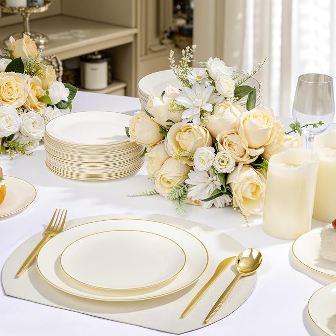 bUCLA 200PCS Ivory Plastic Plates with Gold Rim - Heavy Duty Cream Disposable Include 100 Dinner 10 inch & 100 Dessert 7 inch Plates, Ideal for Party & Wedding
