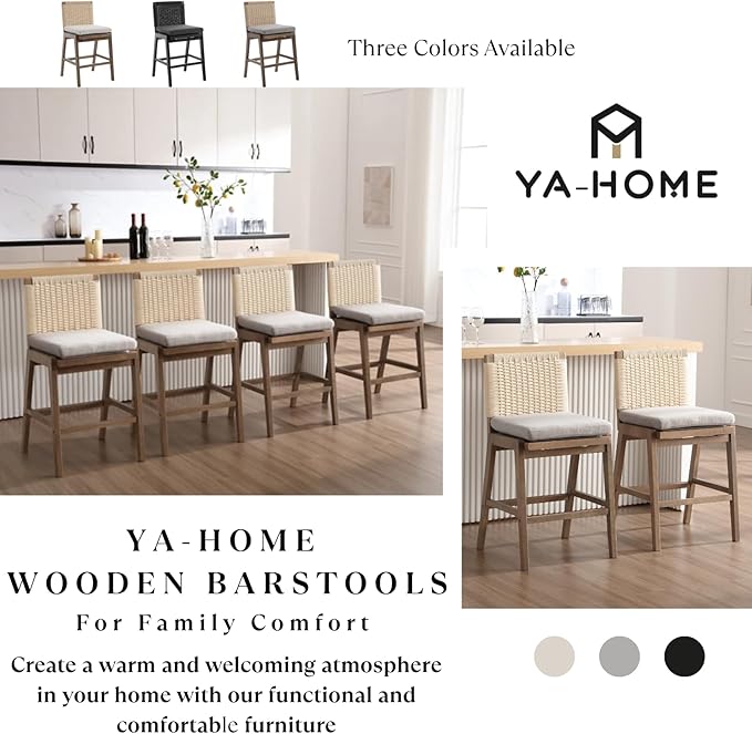 Mid Century Modern Counter Height Barstools Set of 6, 27” Linen Upholstered Counter Stools with Rope Woven Back Wooden Farmhouse Bar Stools for Kitchen Island Dining Room,Grey