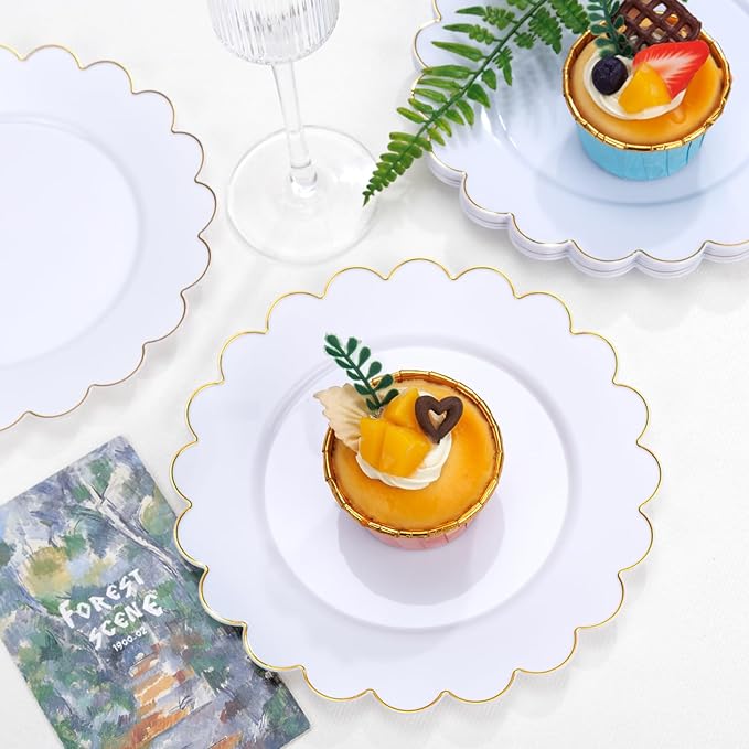 SUT 72Pcs Plastic Plates-7.5inch White Dessert Plates with Gold Trim, White Disposable Plates, Disposable Plates,Fancy Plastic Plates, Heavy Duty Plastic Plates for Parties