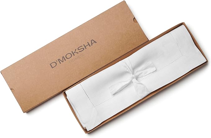 D'Moksha Homes White Linen Placemats Set of 4 - Classic Hemstitch Placemats 14 x 19 Inch - 100% Pure Linen Table Mats for Valentines, Spring, Easter - Handcrafted and Machine Washable