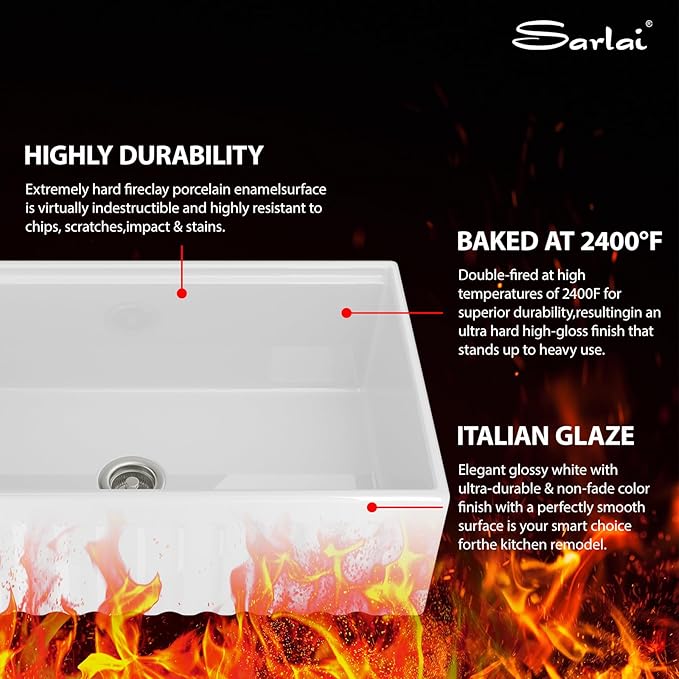 Sarlai 33 White Farmhouse Kitchen Sink - 33x20 Inch Farm Kitchen Sink Reversible Design Ledge Workstation White Ceramic Porcelain Fireclay Farmer Sinks 10" Inch Deep Single Bowl Basin