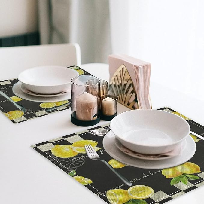 Vintage Lemon Placemat Set, Rustic Farmhouse Yellow Orange Fruit Leaves Black White Plaid Quotes Seamless Pattern Home Decor Linen Table Mats for Dining Room Kitchen Party (17x12in) x6P