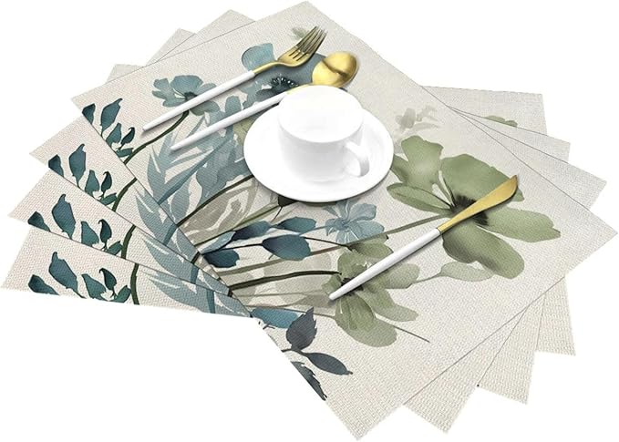Spring Floral Placemats 12x18 Inches Set of 4,Watercolor Blue Green Flower Decorative Rectangle Summer Decor Floral Decoration Table Mats for Party, Home Kitchen,Dining Table Decoration