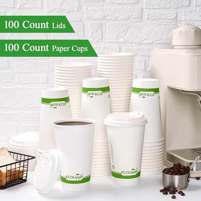 ECOLipak 100 Count 16 oz Compostable Paper Coffee Cups, Biodegradable Disposable Coffee Cups with CPLA Lid, Eco-friendly Hot Drinking Cups for Parties, Picnics, Travels,and Events