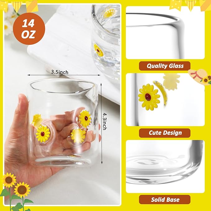 Icon Juice Glasses, 14oz Stemless Wine Drinking Juice Glass Cup for Valentine Party Supplies Gift(2 Pcs,Sunflower)