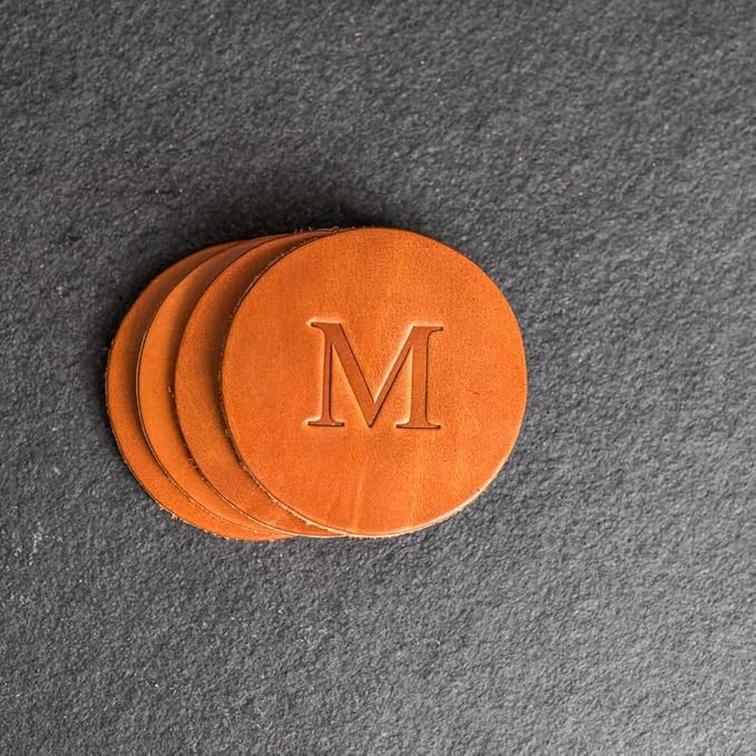 Ox & Pine Personalized Leather Coaster - Sold Individually or in Sets of 4 - Customize Inscription - 100% Full-Grain Leather – 4" Round or 4" Square (Round, Black, Set of 4 Coasters)