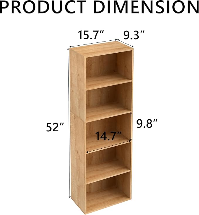 Wooden 5 Cube Storage Organizer, Oak 5 Tier Bookcase Bookshelf Freestanding Storage Display Organizer, Versatile Cubes Open Shelf and Cubby Unit for Living Room, Home Office, Dinning Room 15.7inch