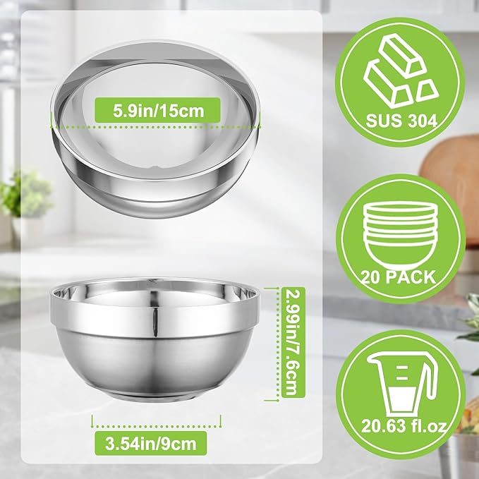 Stainless Steel Bowls Bulk, 20 Pack 5.9in 20.6oz 610ml Medium SUS304 Double Wall Insulated Stackable Metal Cereal Eating Bowl Containers for Restaurant Serving Dishes Salad Ice Cream Soup Rice