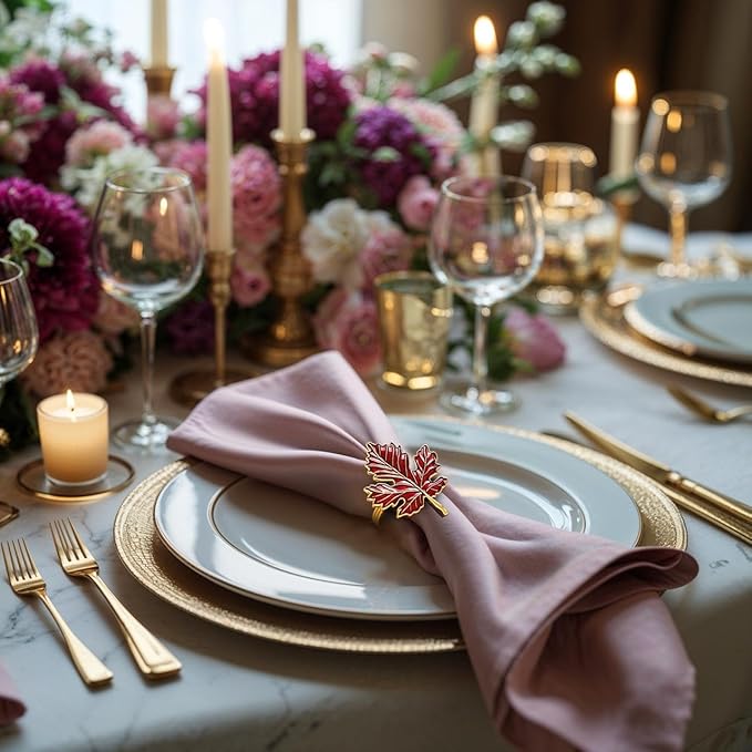 Decozen Set of 12 Red Gold Napkin Rings in Leaf Design, Festive, Table Decor Setting for Holiday, Wedding, Birthday, Kitchen, Home Decor, Housewarming Gift - Thanksgiving & Christmas Gift Decoration