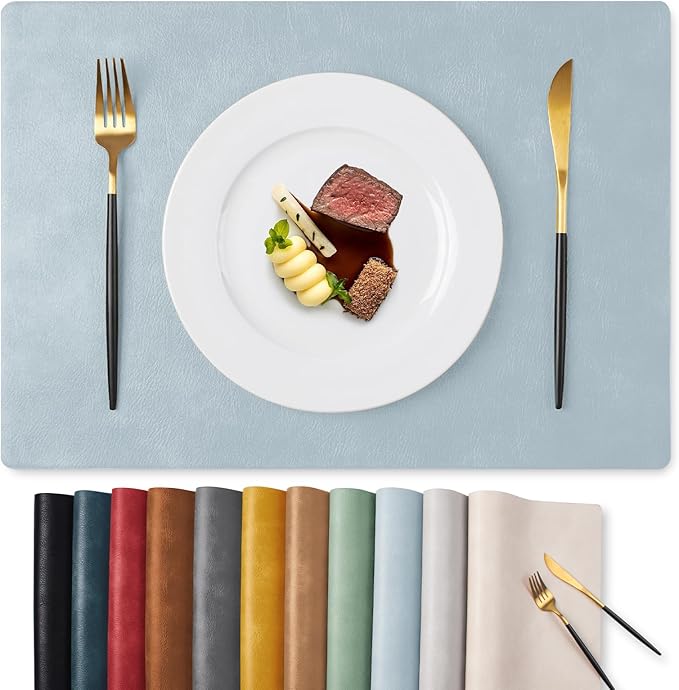 MOSAYT Vinyl Placemats Set of 12-12 X 17 Inch - Faux Leather 100% Waterproof Oil-Proof Wipeable PU Place Mats, Heat Resistant Reversible Table Mats for Kitchen, Dining, Outdoor (Light Grayish Blue)