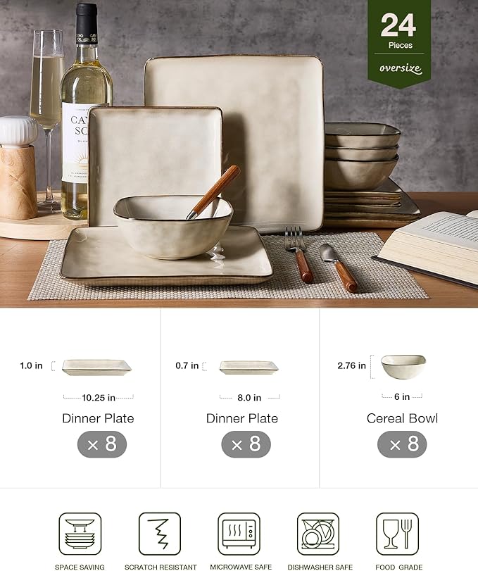 Famiware Dinnerware Sets for 8, Ocean Square 24-Piece Kitchen Plates and Bowls Sets, Microwave and Dishwasher Safe, Scratch Resistant, Light khaki