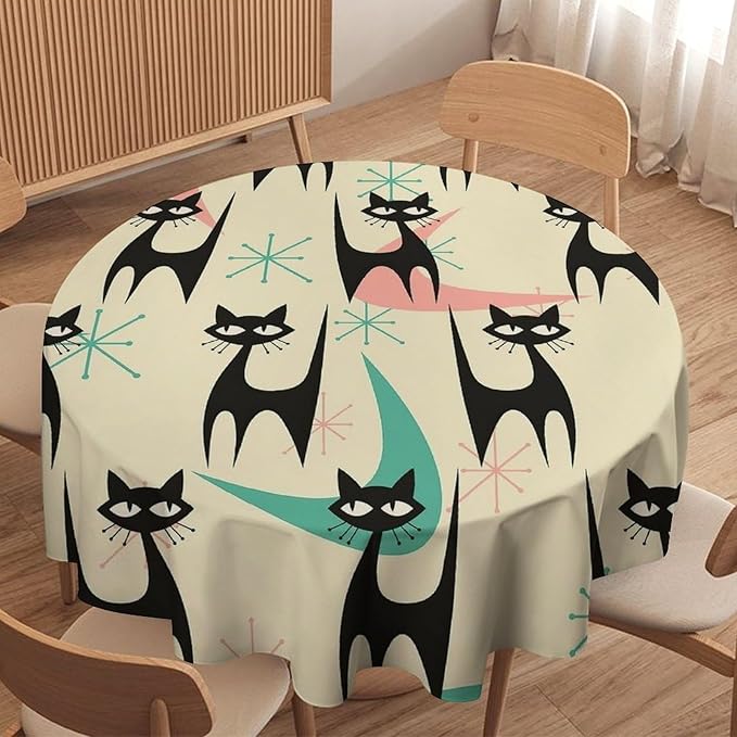 Mid Century Colorful Modern Cat Round Tablecloth, Medieval Bohemian Abstract Animal Tablecloth for Home Party Dining Room Kitchen Decor 70Inch(178cm)