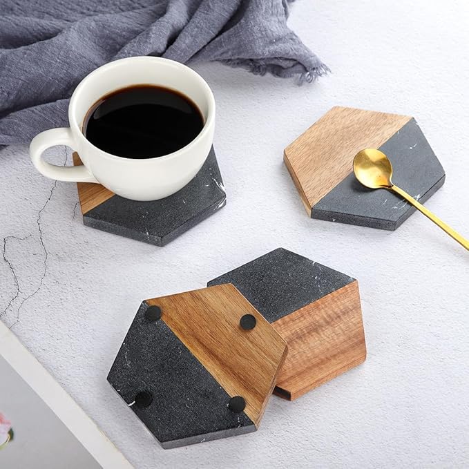 Wood Black Marble Coasters for Drinks, Modern Rustic Acacia Hexagon Coaster Set Decorative Bar Coaster for Coffee Wooden Table Beer Mug Christmas Housewarming Wedding Home Decor 4Pcs