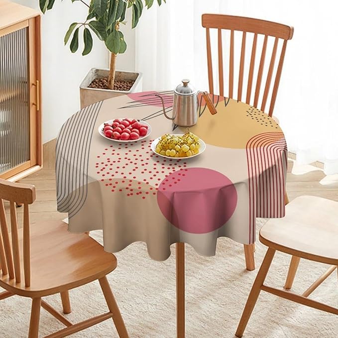 Mid Century Boho Round Tablecloth, Abstract Modern Sun Arch Curve Leaves Geometric Print Tablecloth for Home Party Dining Room Kitchen Decor 70Inch(178cm)
