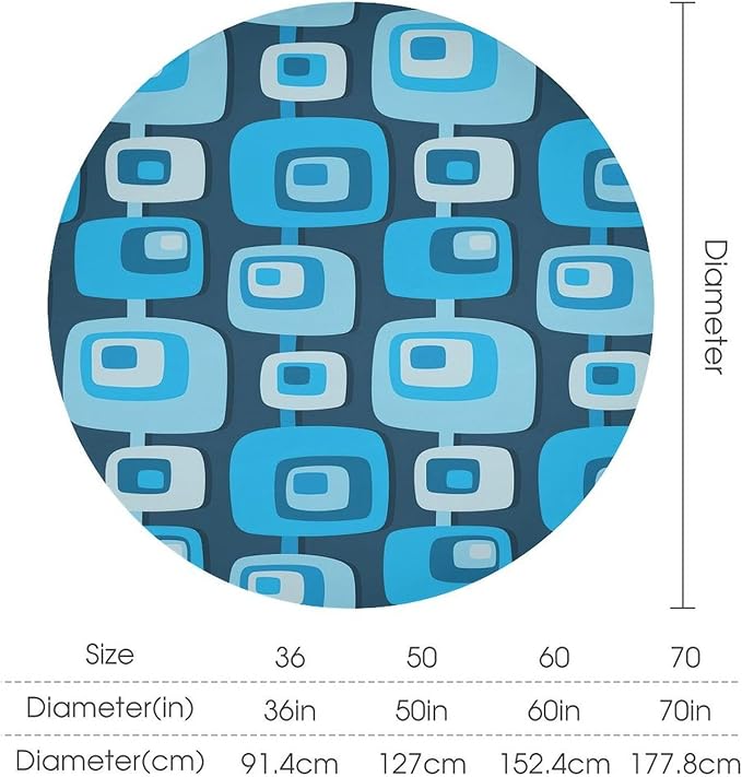 Mid Century Boho Round Tablecloth, Blue Mid Century Modern Art Abstract Geometric Pattern Retro Vintage Style Tablecloth for Home Party Dining Room Kitchen Decor 70Inch(178cm)